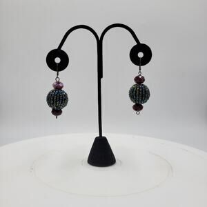 Handmade Womens Iridescent Beaded Dangling Charm Drop Earrings Blue & Green Boho